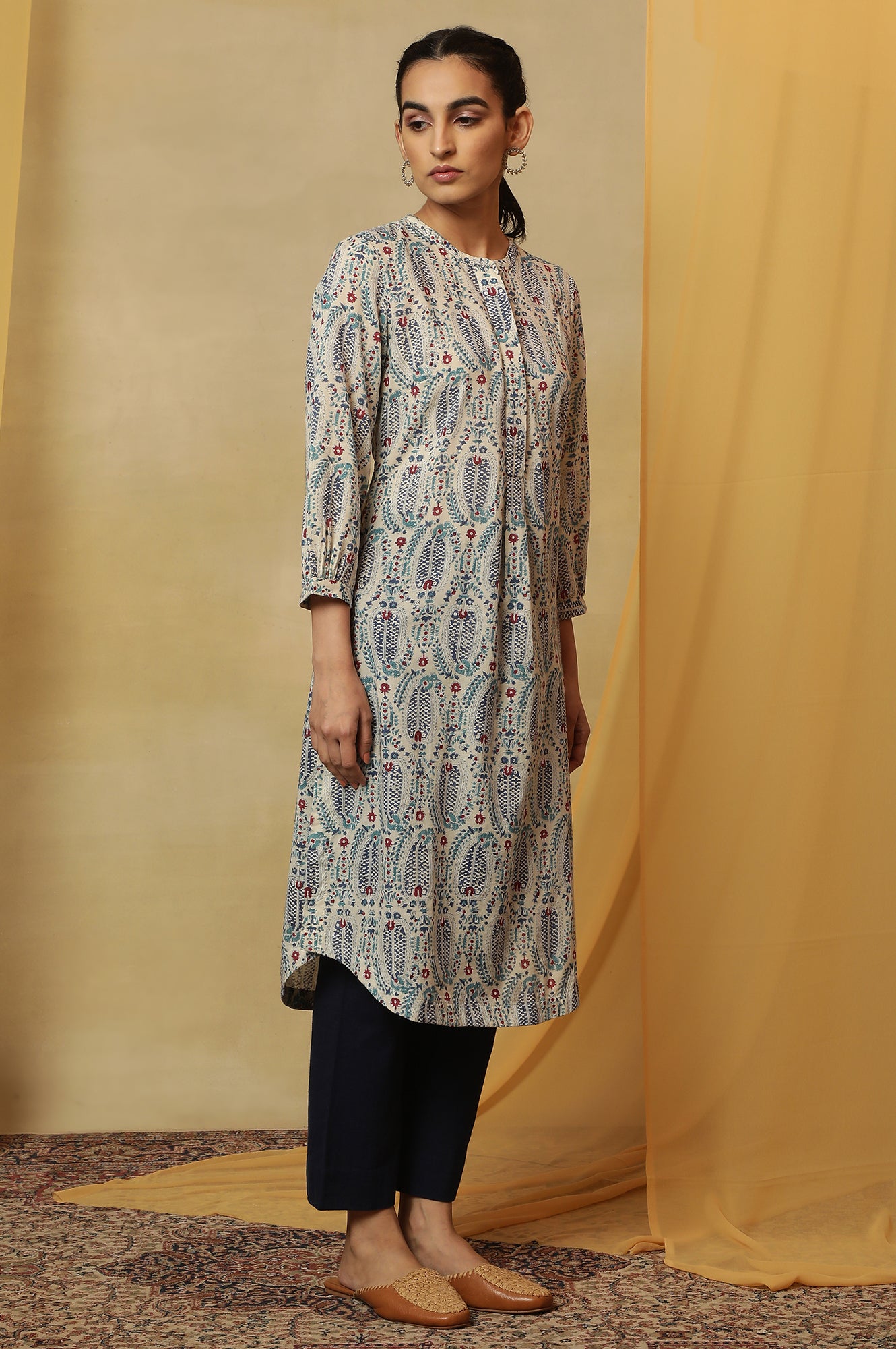 Ecru Paisley Hand Block Printed Cotton Kurta