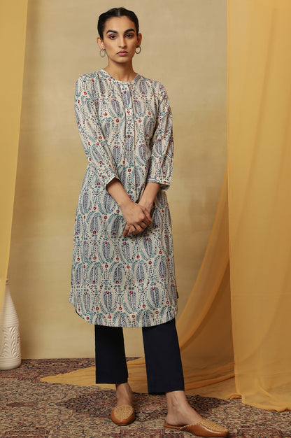 Ecru Paisley Hand Block Printed Cotton Kurta