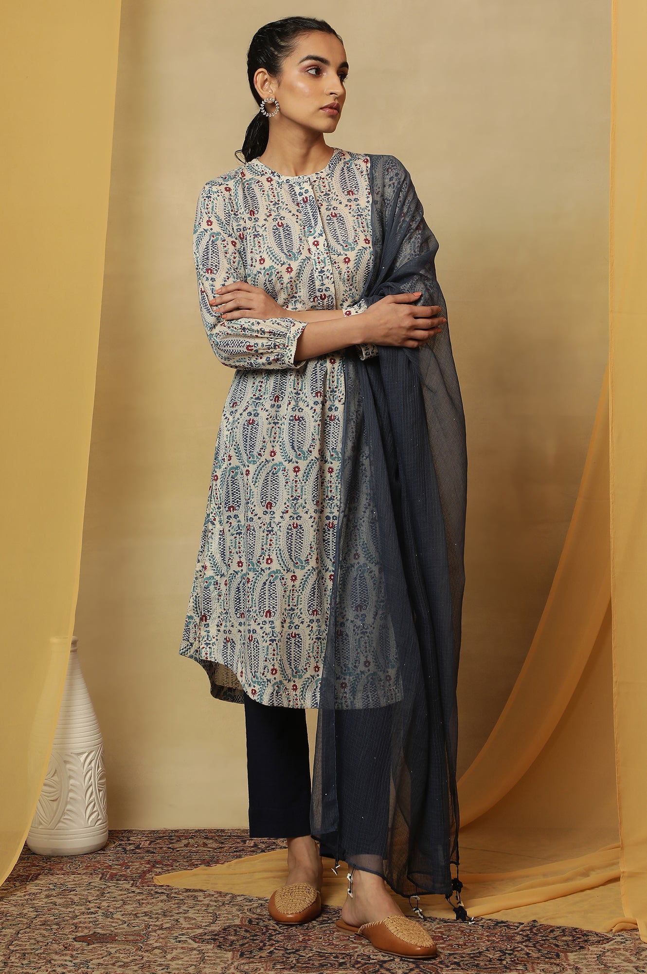 Ecru Paisley Hand Block Printed Cotton Kurta