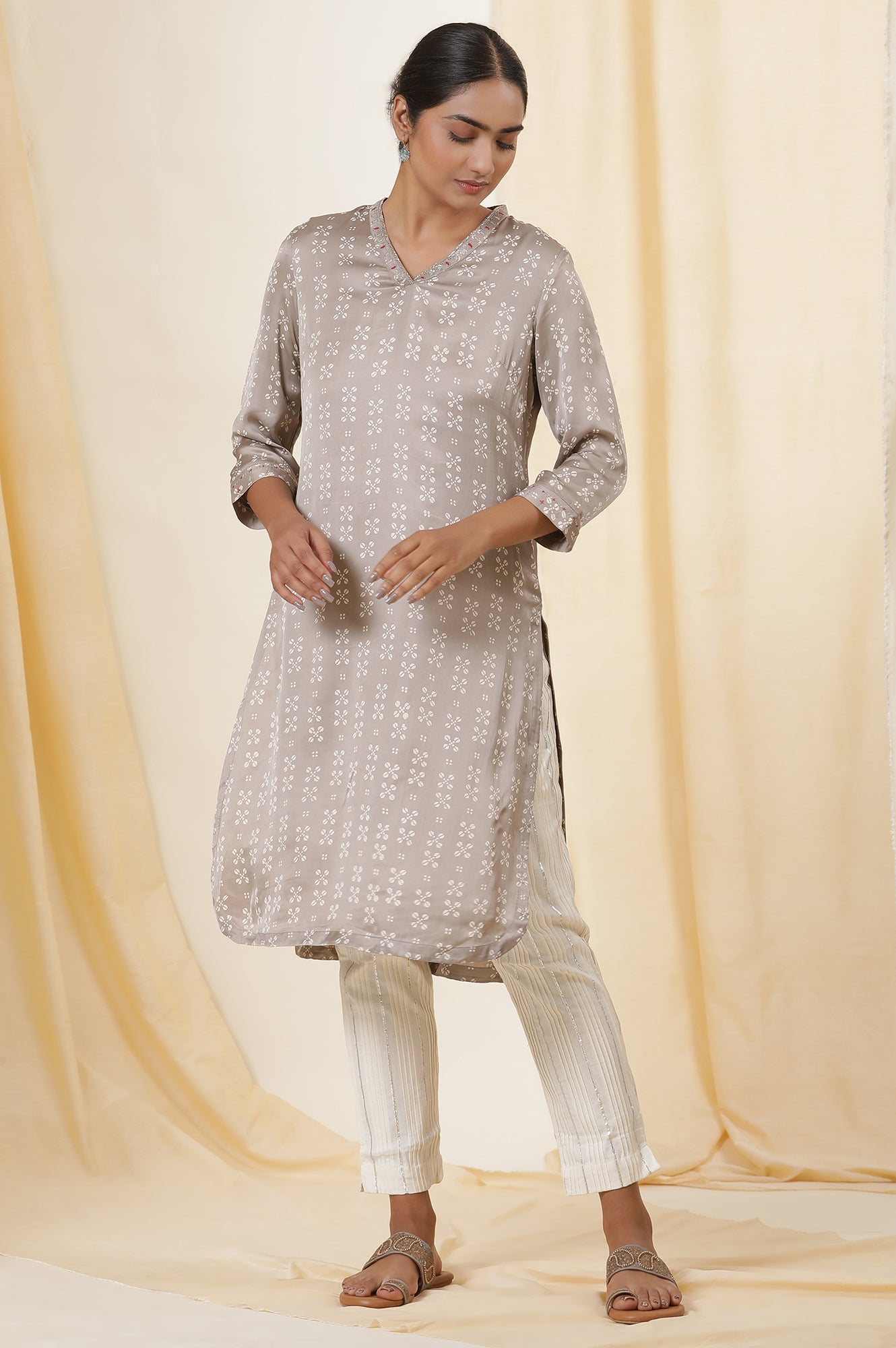 Grey Hand Block Printed Modal Satin Kurta