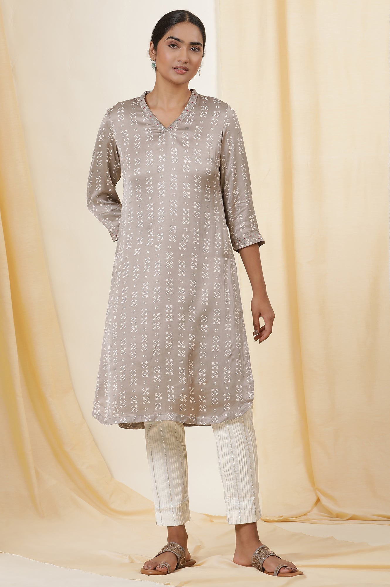 Grey Hand Block Printed Modal Satin Kurta