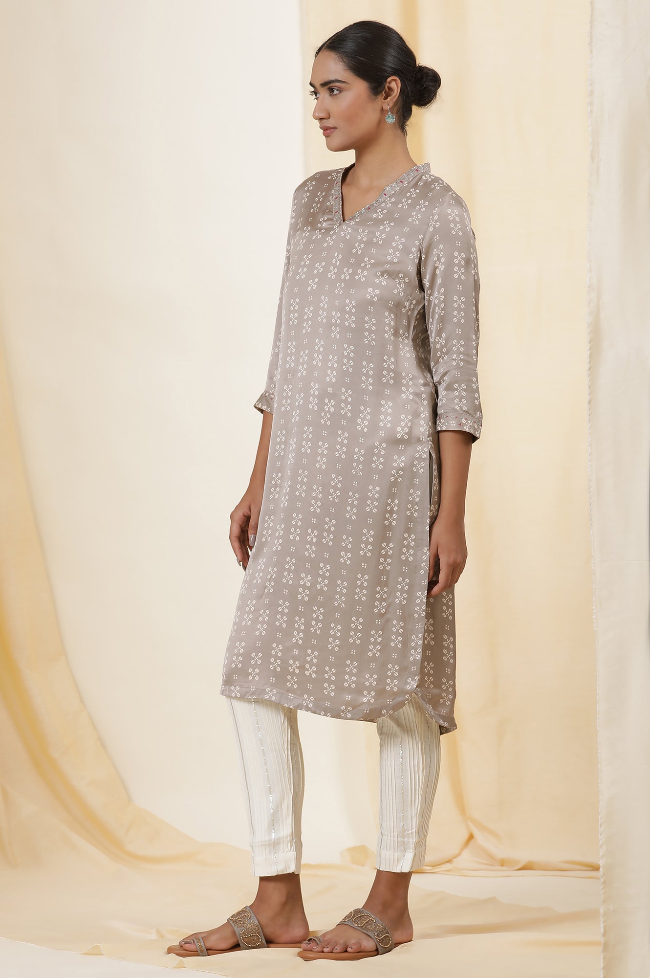 Grey Hand Block Printed Modal Satin Kurta