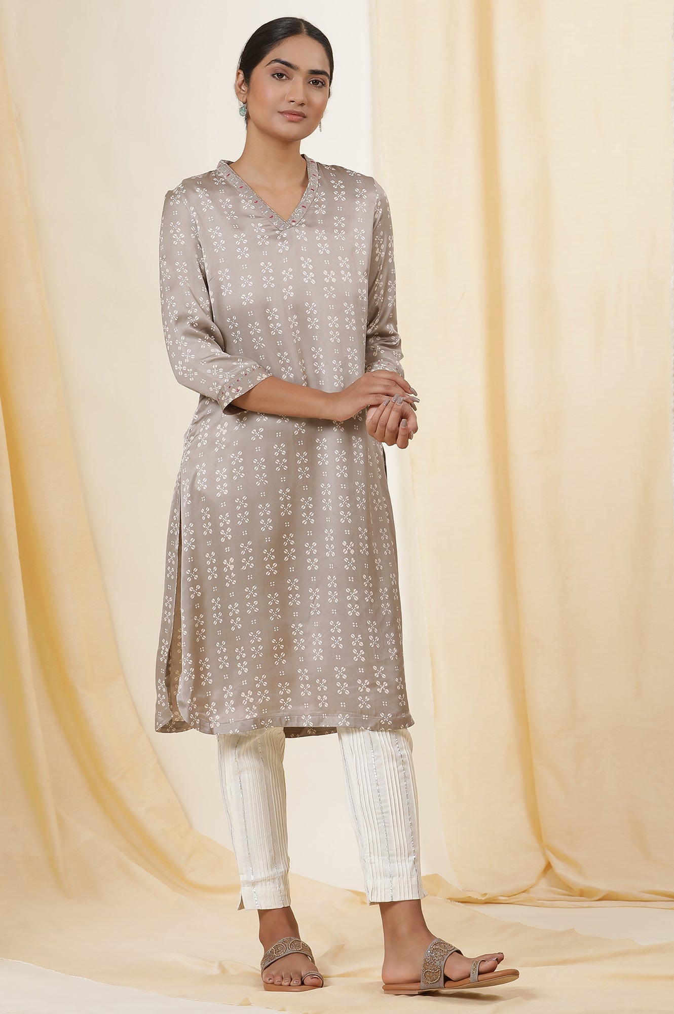 Grey Hand Block Printed Modal Satin Kurta