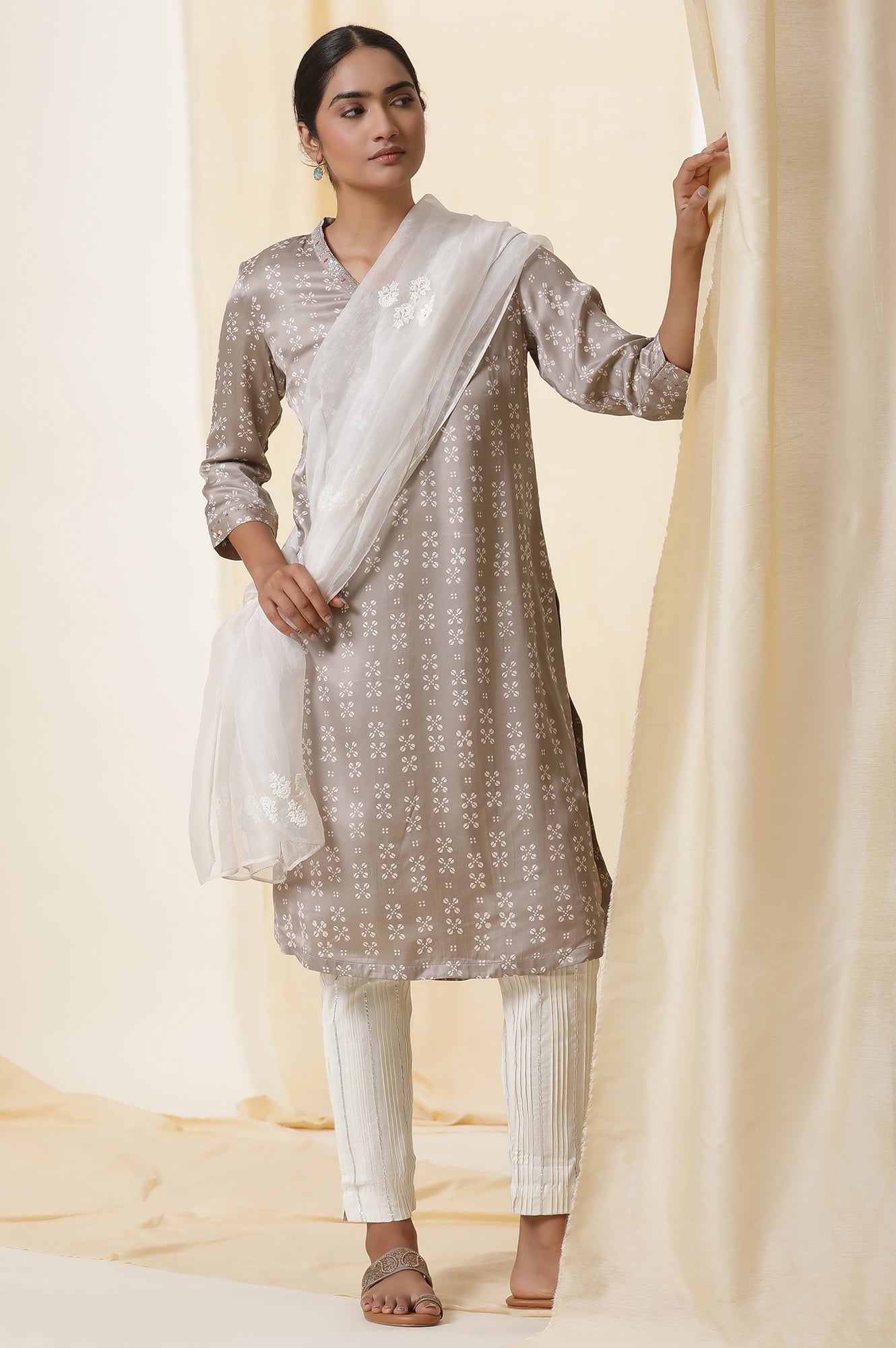 Grey Hand Block Printed Modal Satin Kurta