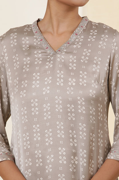 Grey Hand Block Printed Modal Satin Kurta