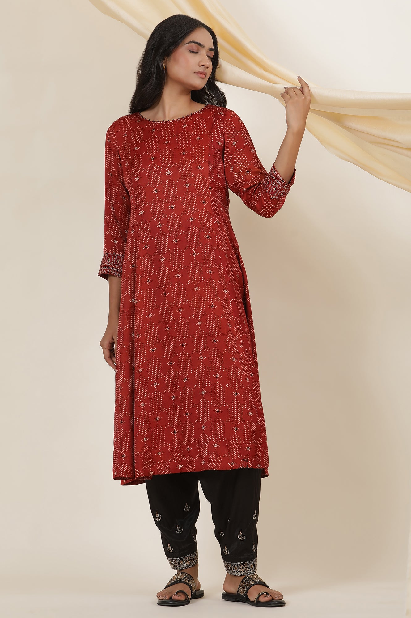 Red Printed Modal Satin Flared Kurta With Sleeeves Embroidery