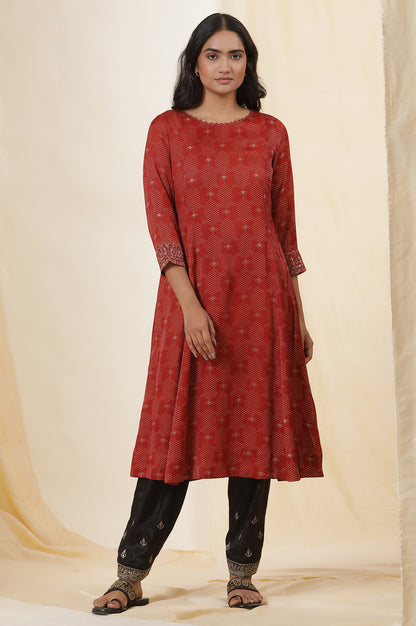 Red Printed Modal Satin Flared Kurta With Sleeeves Embroidery