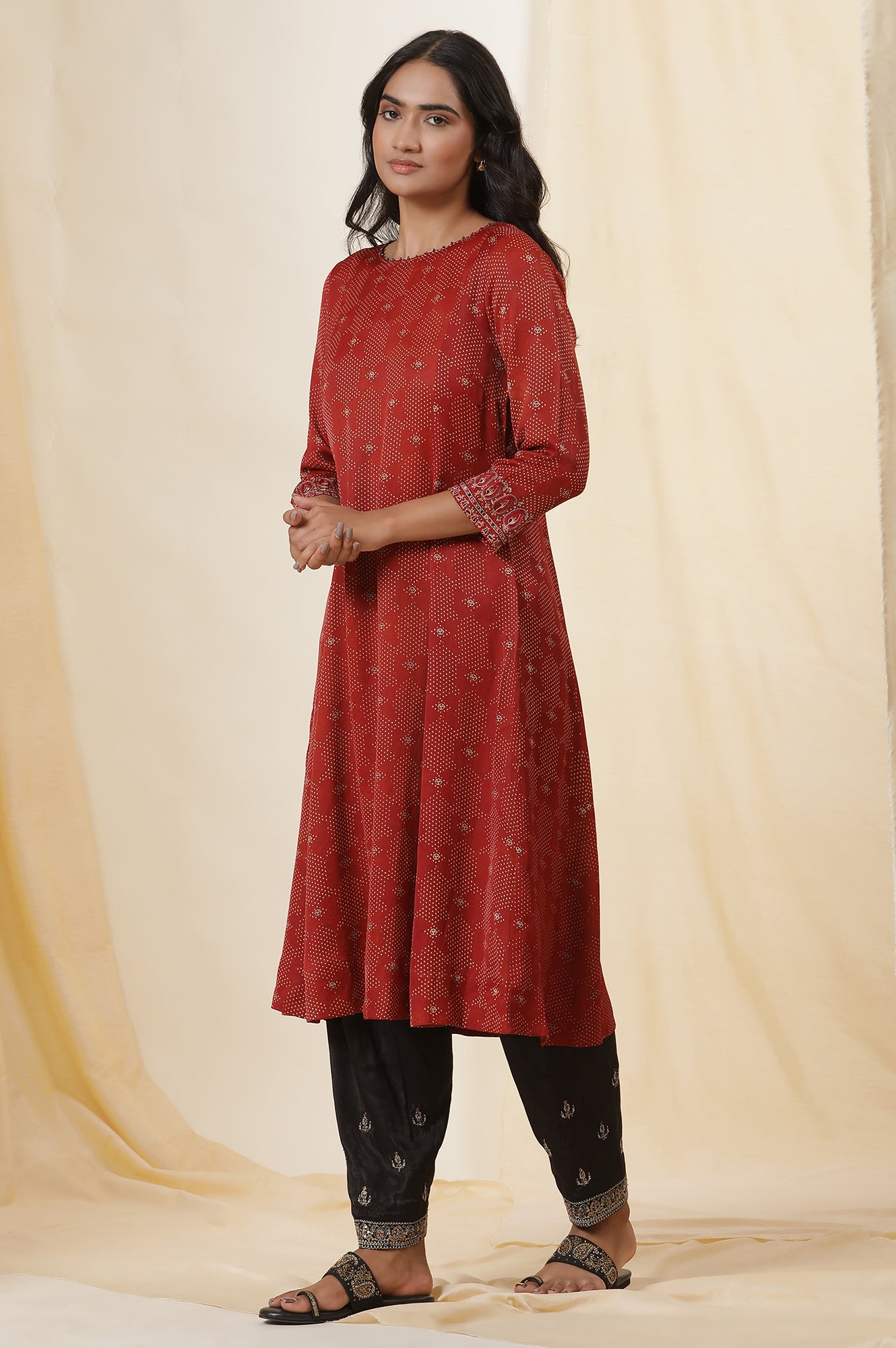 Red Printed Modal Satin Flared Kurta With Sleeeves Embroidery