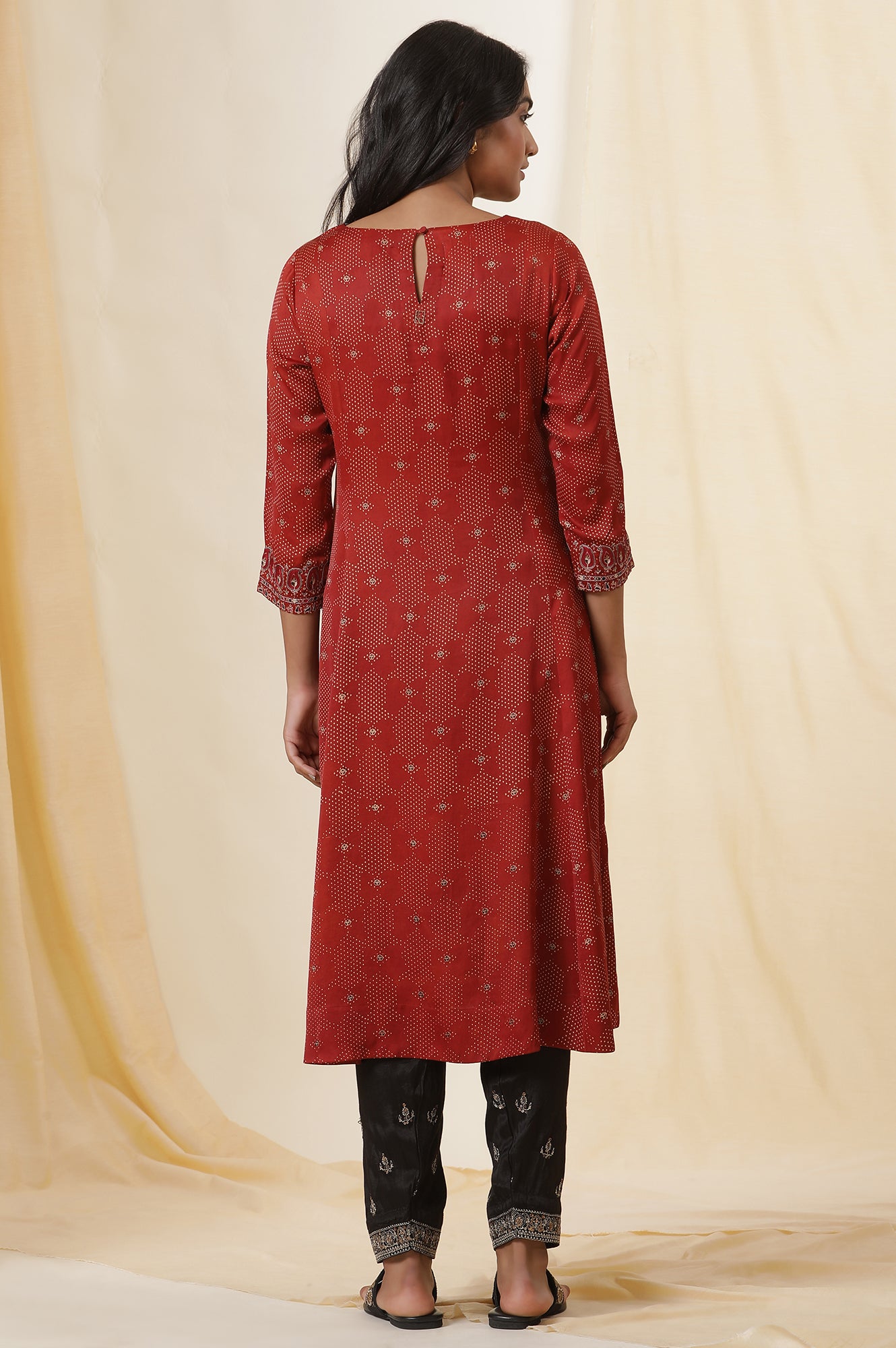 Red Printed Modal Satin Flared Kurta With Sleeeves Embroidery