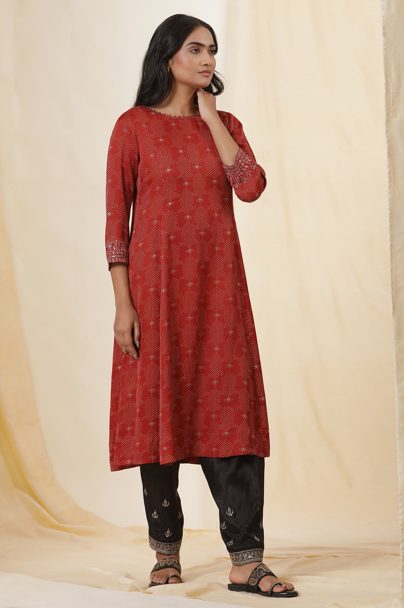 Red Printed Modal Satin Flared Kurta With Sleeeves Embroidery