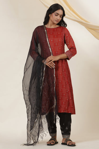 Red Printed Modal Satin Flared Kurta With Sleeeves Embroidery