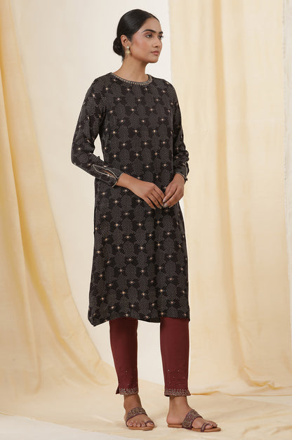 Black Printed Modal Sain Kurta With Neck Embroidery