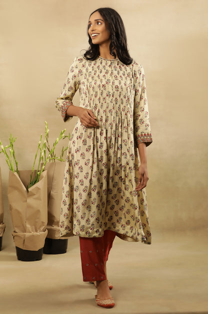 Cream Multicoloured Block Printed Pleated Kurta