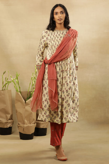 Cream Multicoloured Block Printed Pleated Kurta