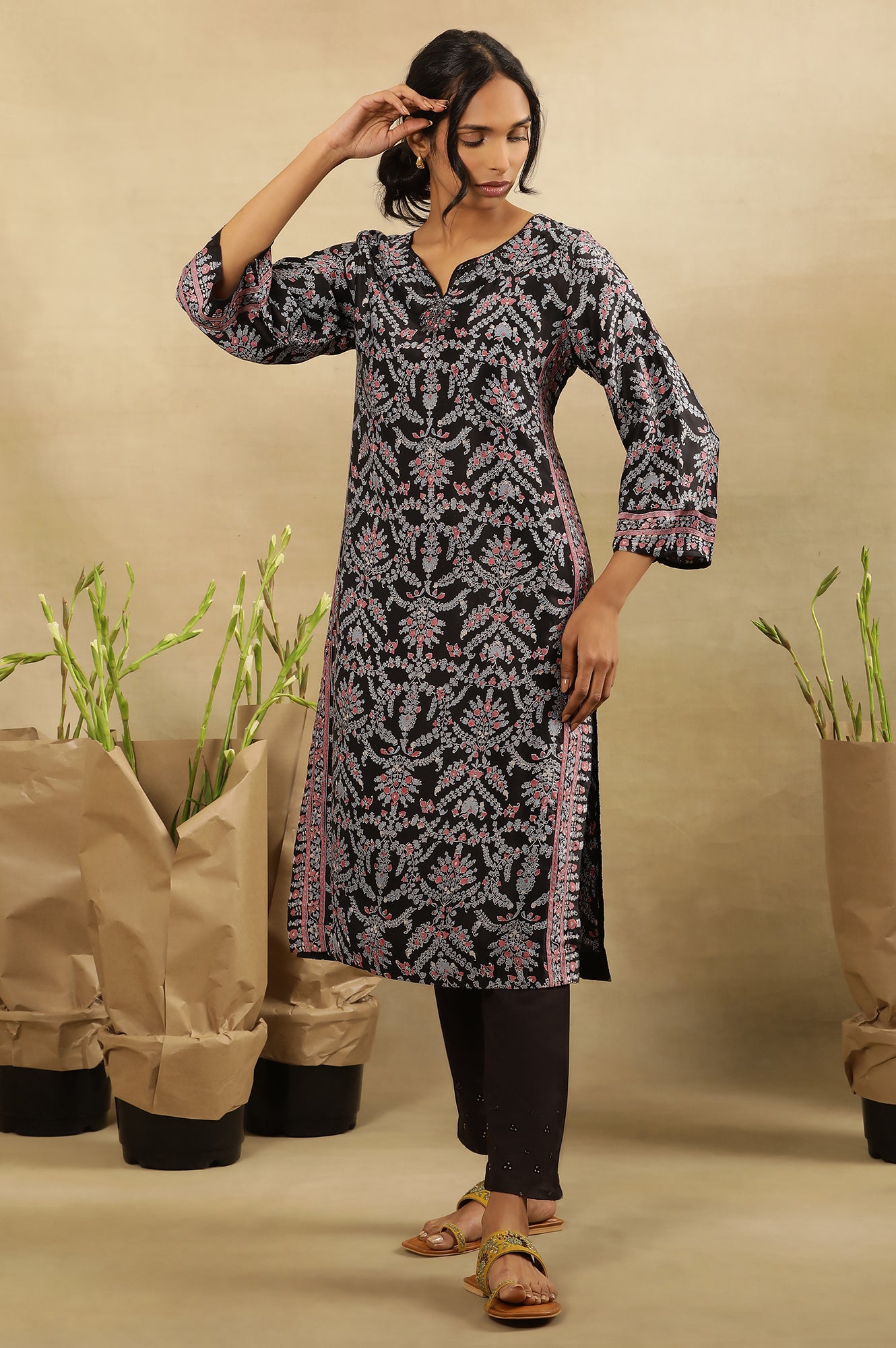 Black Multi-Coloured Hand Block Printed Satin Kurta