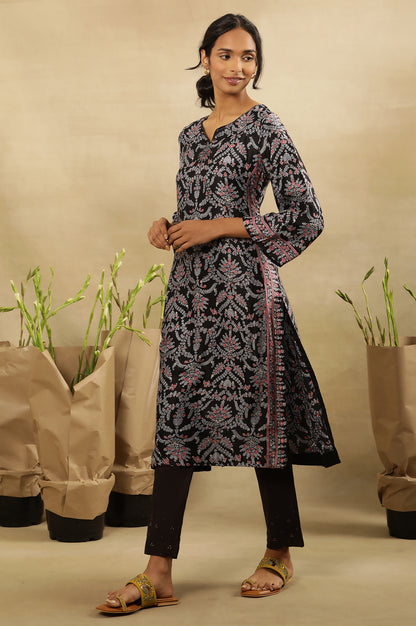 Black Multi-Coloured Hand Block Printed Satin Kurta