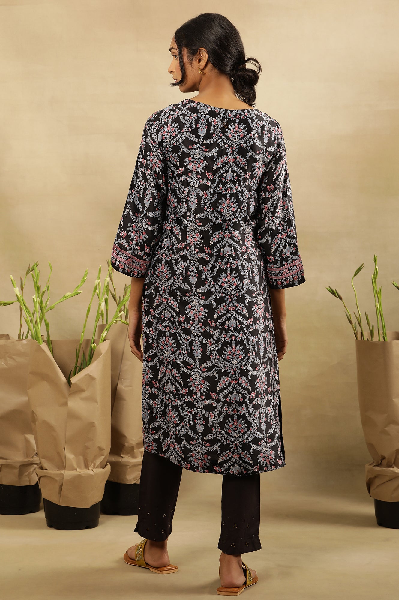 Black Multi-Coloured Hand Block Printed Satin Kurta