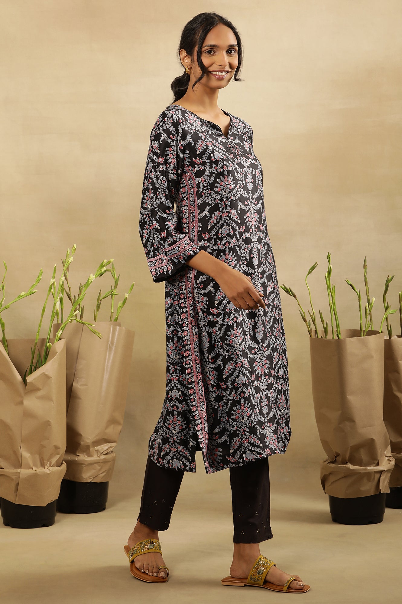 Black Multi-Coloured Hand Block Printed Satin Kurta