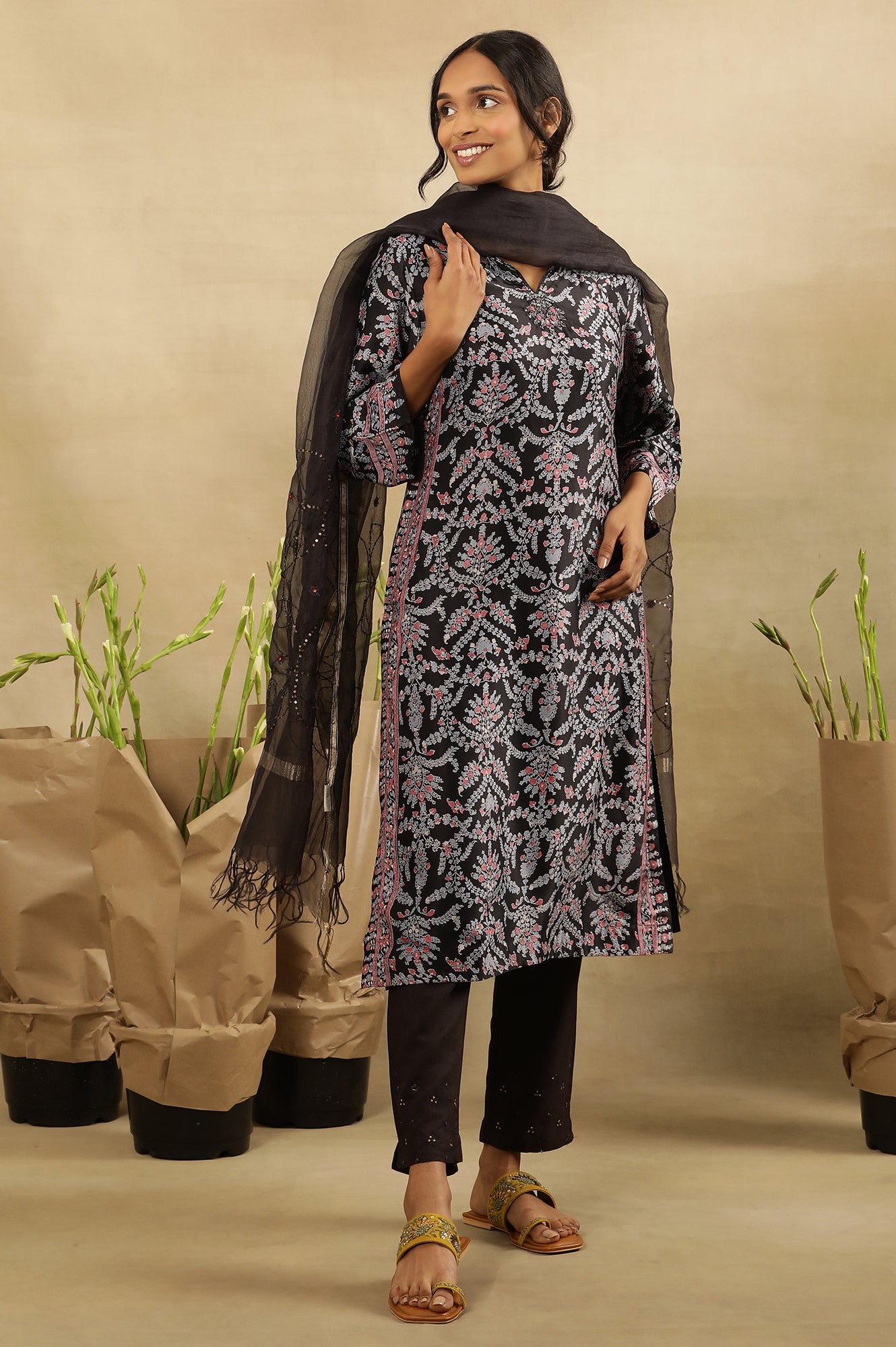 Black Multi-Coloured Hand Block Printed Satin Kurta