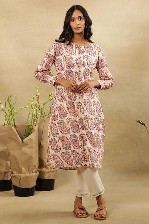 Ecru Hand Block Paisley Print Kurta In Cotton Slub - wforwoman