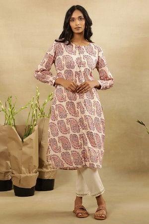 Ecru Hand Block Paisley Print Kurta  In Cotton Slub