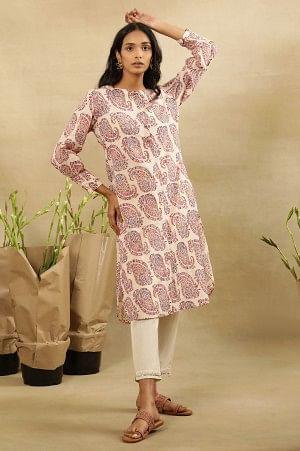 Ecru Hand Block Paisley Print Kurta In Cotton Slub - wforwoman