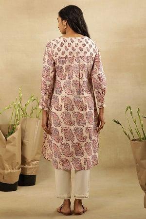 Ecru Hand Block Paisley Print Kurta In Cotton Slub - wforwoman