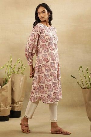 Ecru Hand Block Paisley Print Kurta In Cotton Slub - wforwoman