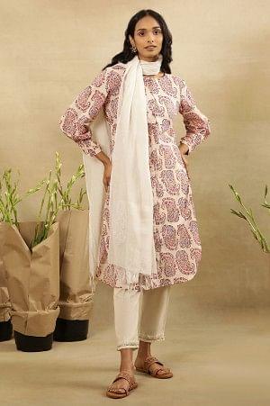 Ecru Hand Block Paisley Print Kurta In Cotton Slub - wforwoman