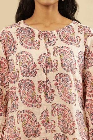 Ecru Hand Block Paisley Print Kurta In Cotton Slub - wforwoman