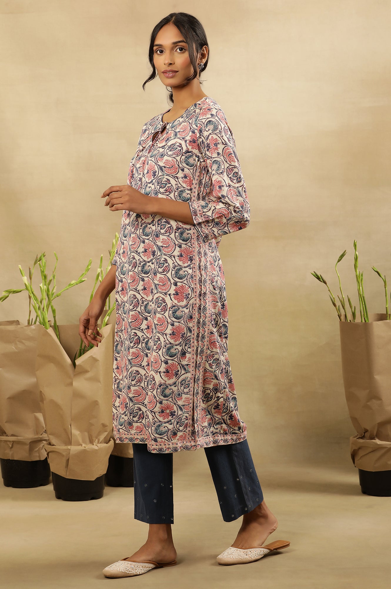 Floral Hand Block Print Kurta In Rayon Flax