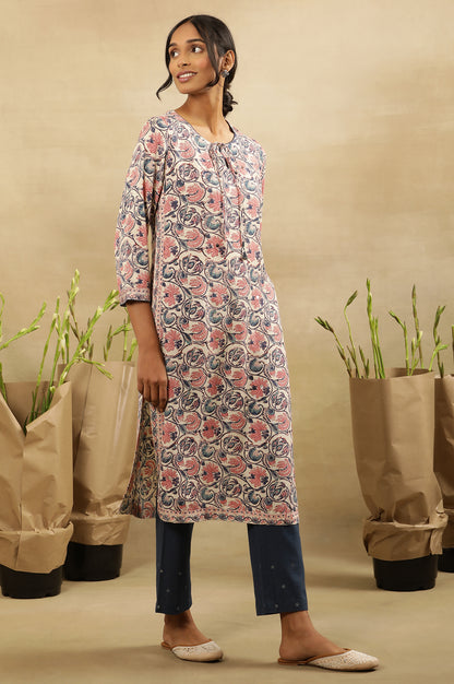 Floral Hand Block Print Kurta In Rayon Flax