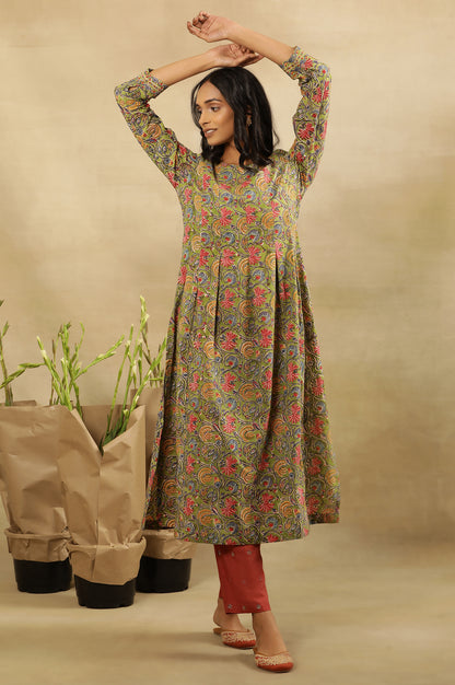 Green Multicolored Hand Block Print  Pleated Kurta