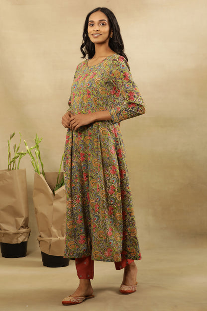 Green Multicolored Hand Block Print  Pleated Kurta