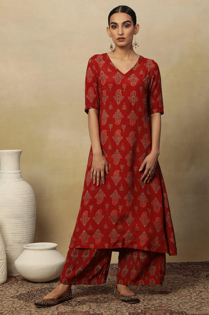 Red Paisley Print A-Line Kurta - wforwoman