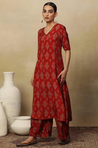 Red Paisley Print A-Line Kurta - wforwoman