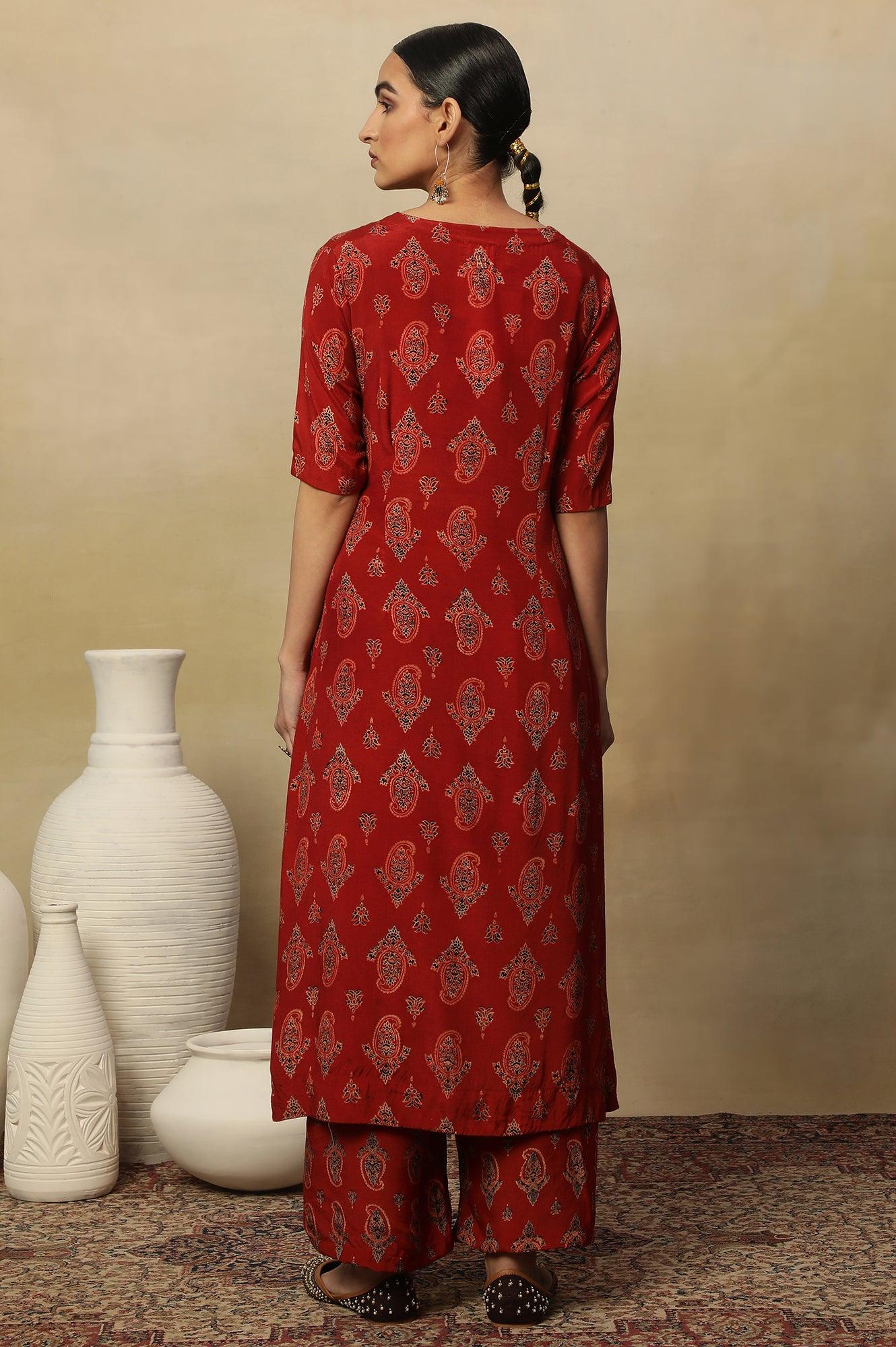 Red Paisley Print A-Line Kurta - wforwoman