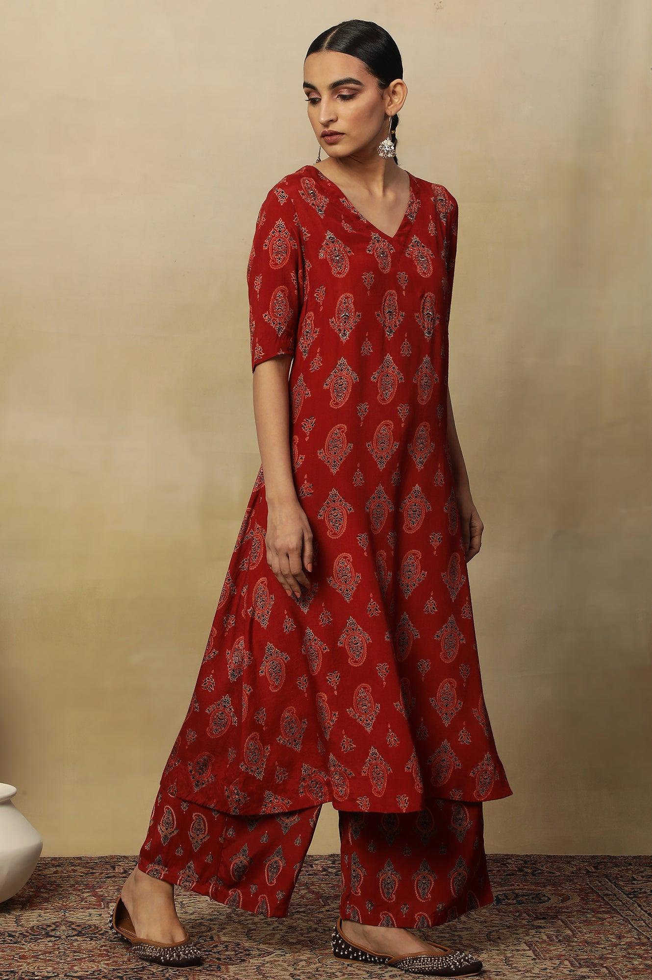 Red Paisley Print A-Line Kurta - wforwoman