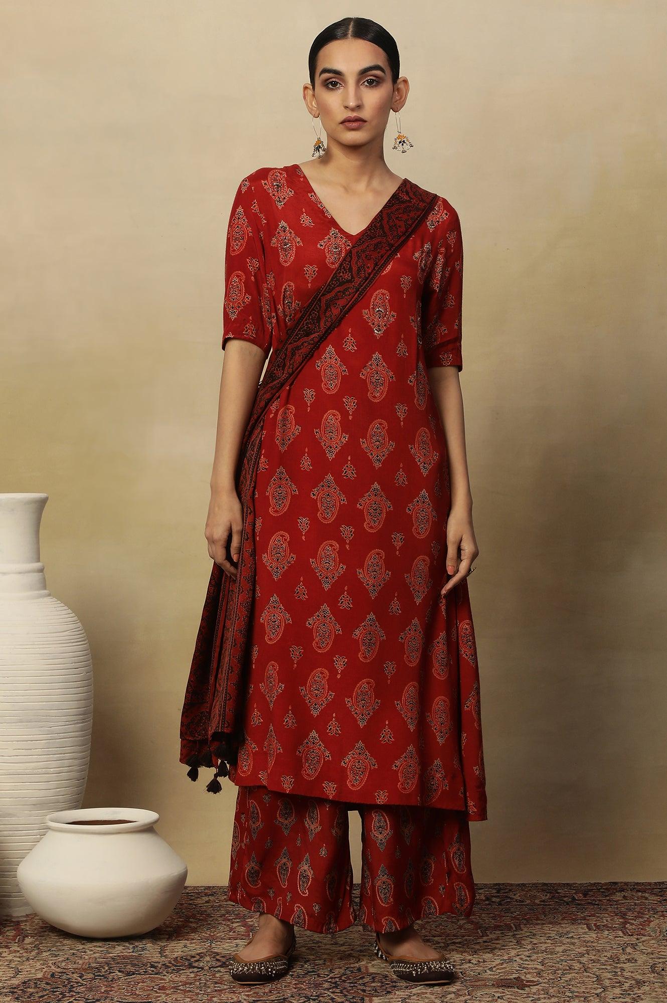 Red Paisley Print A-Line Kurta - wforwoman