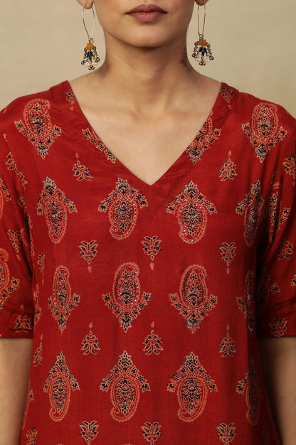 Red Paisley Print A-Line Kurta - wforwoman