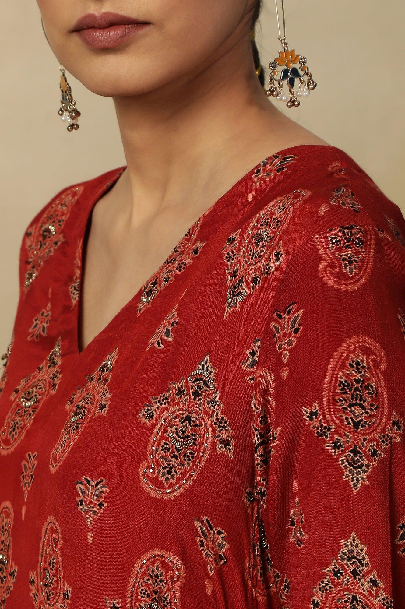 Red Paisley Print A-Line Kurta - wforwoman