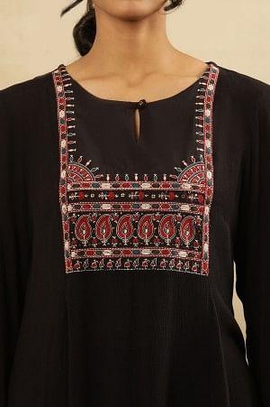 Black Embroidered Rayon Crepe Kurta - wforwoman