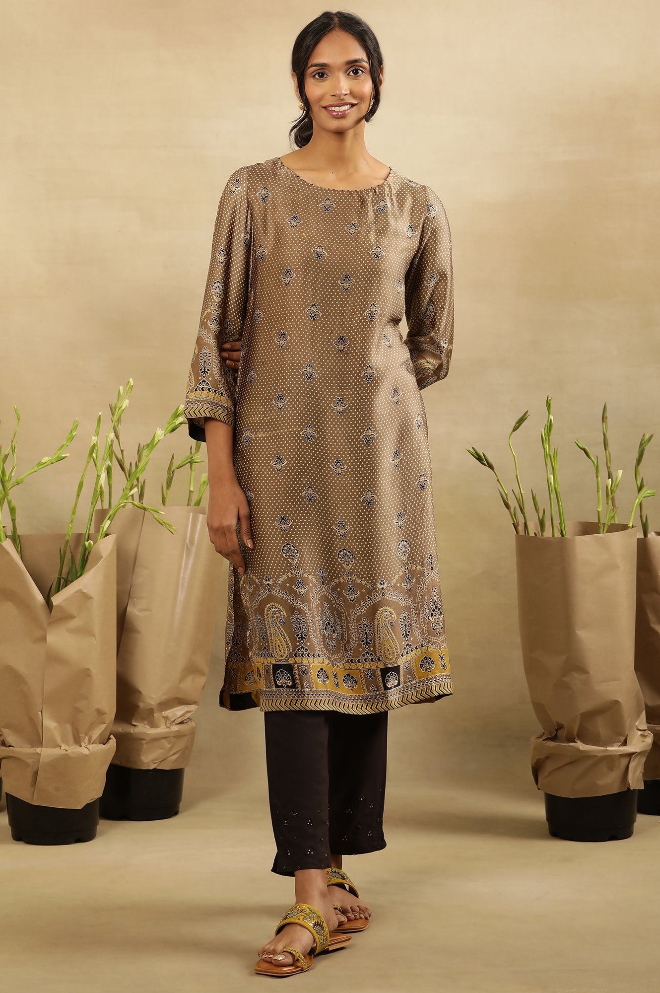 Brown All Over Booti Printed  Kurta In Lustrous Satin