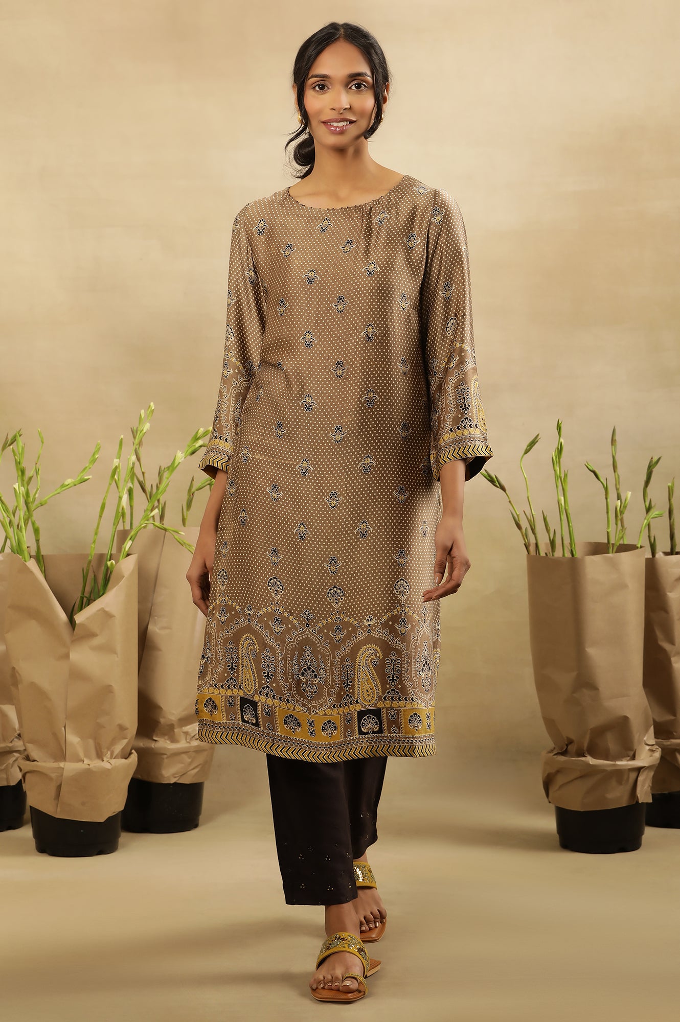 Brown All Over Booti Printed  Kurta In Lustrous Satin