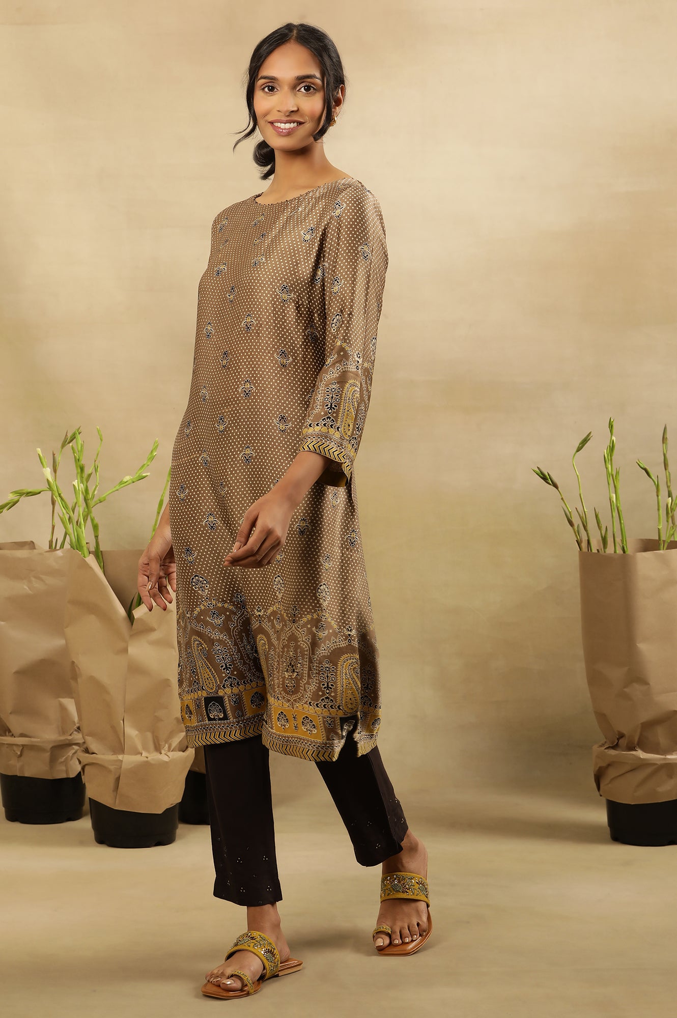 Brown All Over Booti Printed  Kurta In Lustrous Satin