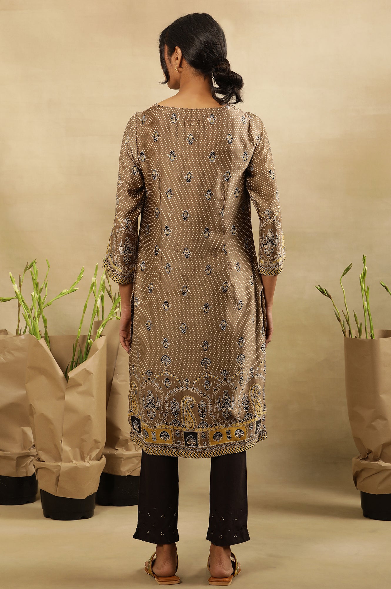 Brown All Over Booti Printed  Kurta In Lustrous Satin