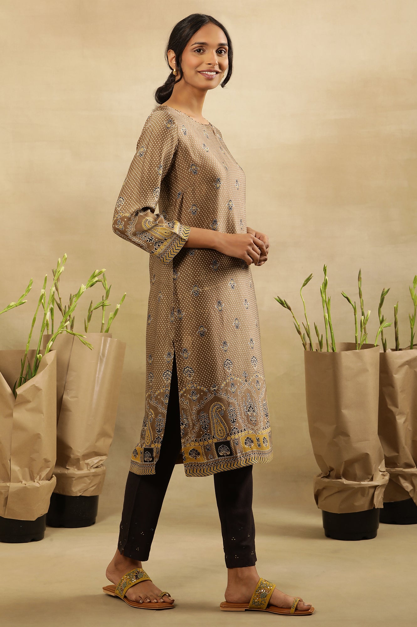 Brown All Over Booti Printed  Kurta In Lustrous Satin