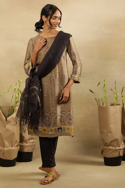 Brown All Over Booti Printed  Kurta In Lustrous Satin