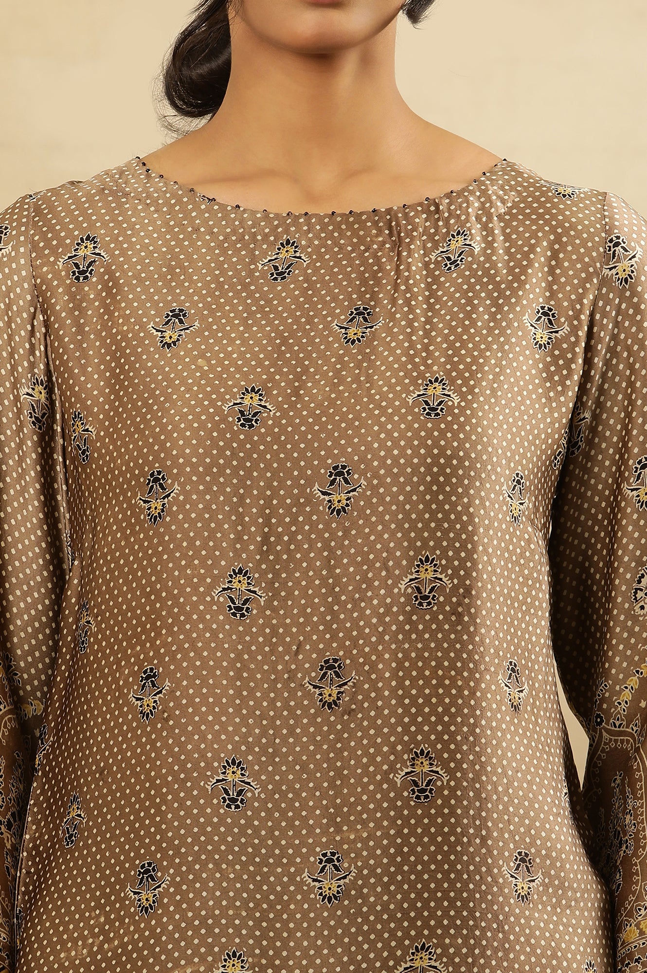 Brown All Over Booti Printed  Kurta In Lustrous Satin