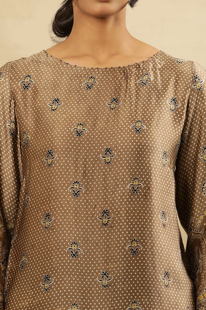 Brown All Over Booti Printed  Kurta In Lustrous Satin